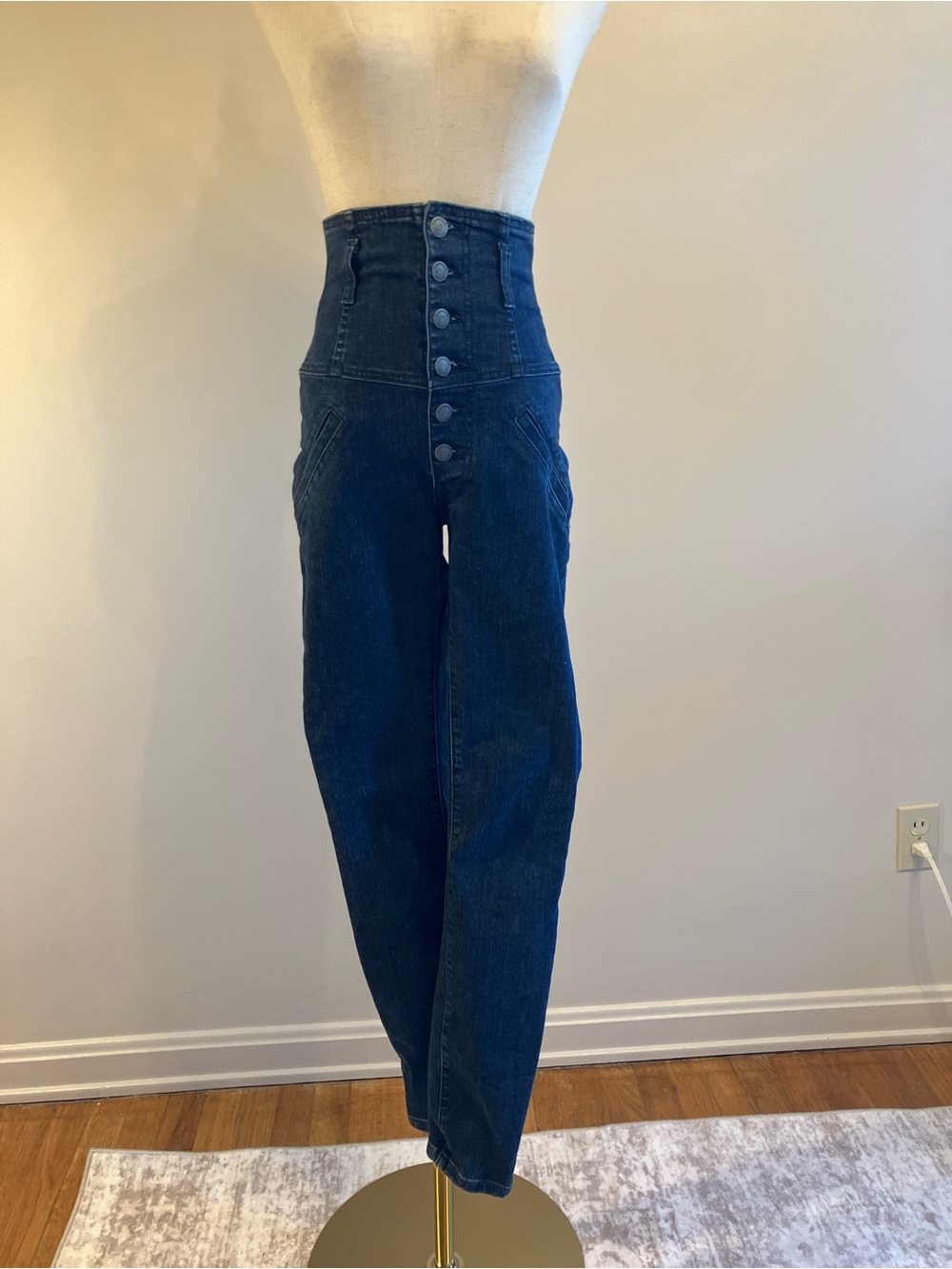 High-Rise Navy Skinny Jeans with Button-Front Waist
